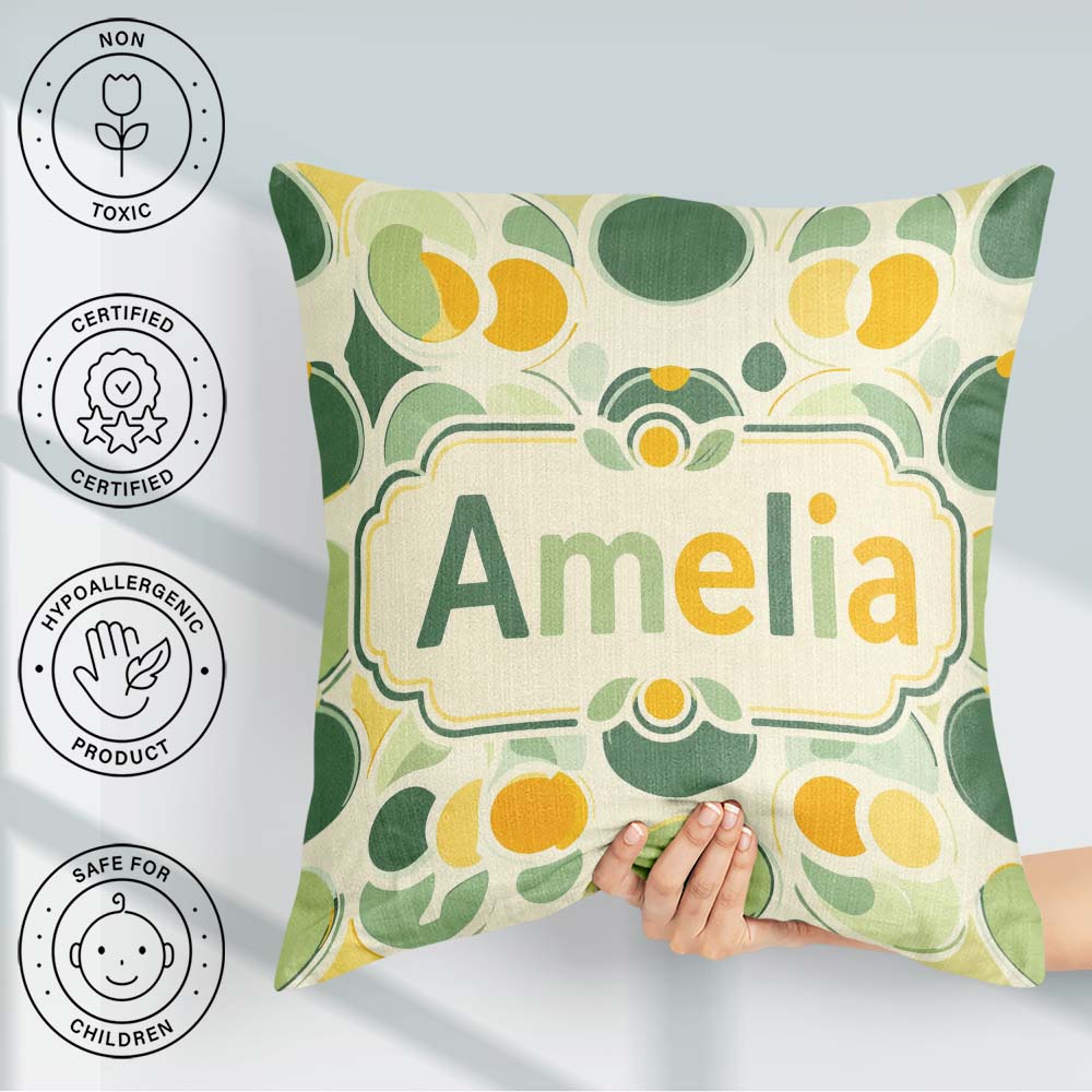 Custom Name Soft Green Organic Shapes Abstract Botanical Pattern Square Filled Cushion Throw Pillow Sofa Bed Home Decor Zip Washable UK Made