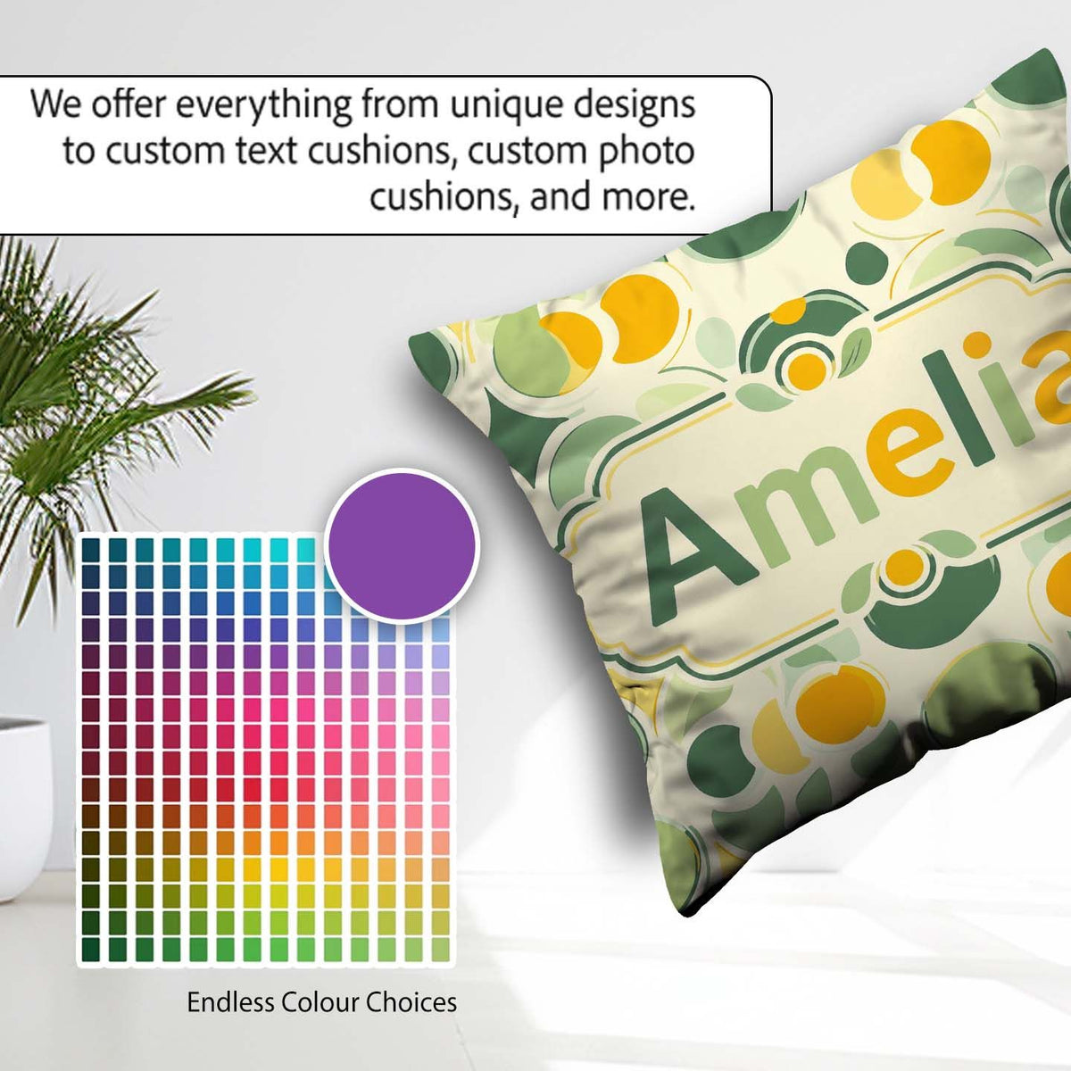 Custom Name Soft Green Organic Shapes Abstract Botanical Pattern Square Filled Cushion Throw Pillow Sofa Bed Home Decor Zip Washable UK Made