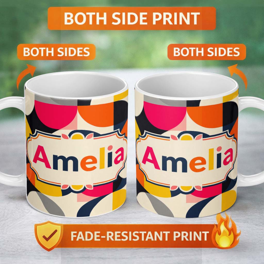 Personalized Custom Name Bold Mid Century Abstract Curved Shapes Color Block Seamless 11oz Ceramic Coffee Tea Mug White Large Handle