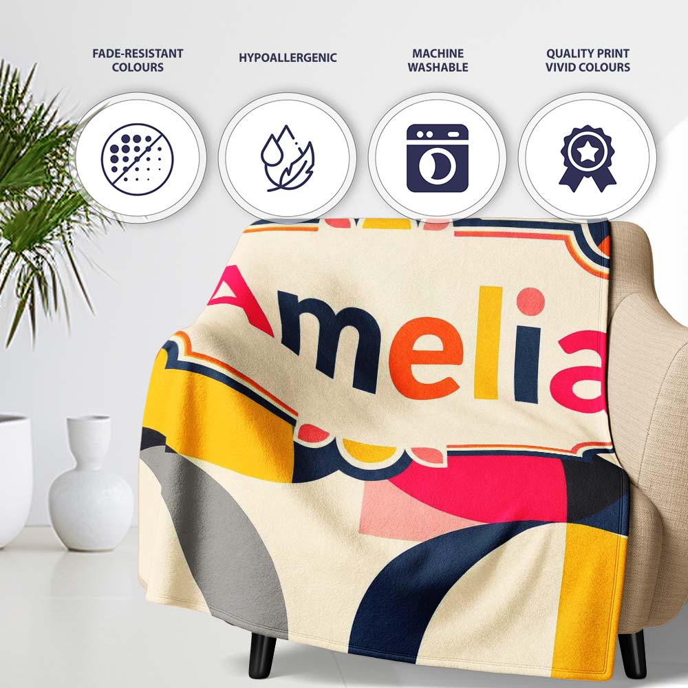 Bold Mid Century Abstract Curved Shapes Color Block Seamless Personalised Custom Name Super Soft Fleece Blanket Bed Sofa Throw