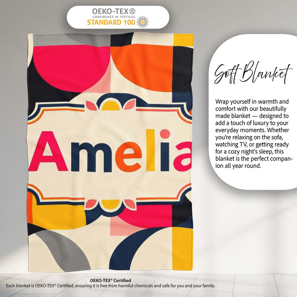 Bold Mid Century Abstract Curved Shapes Color Block Seamless Personalised Custom Name Super Soft Fleece Blanket Bed Sofa Throw