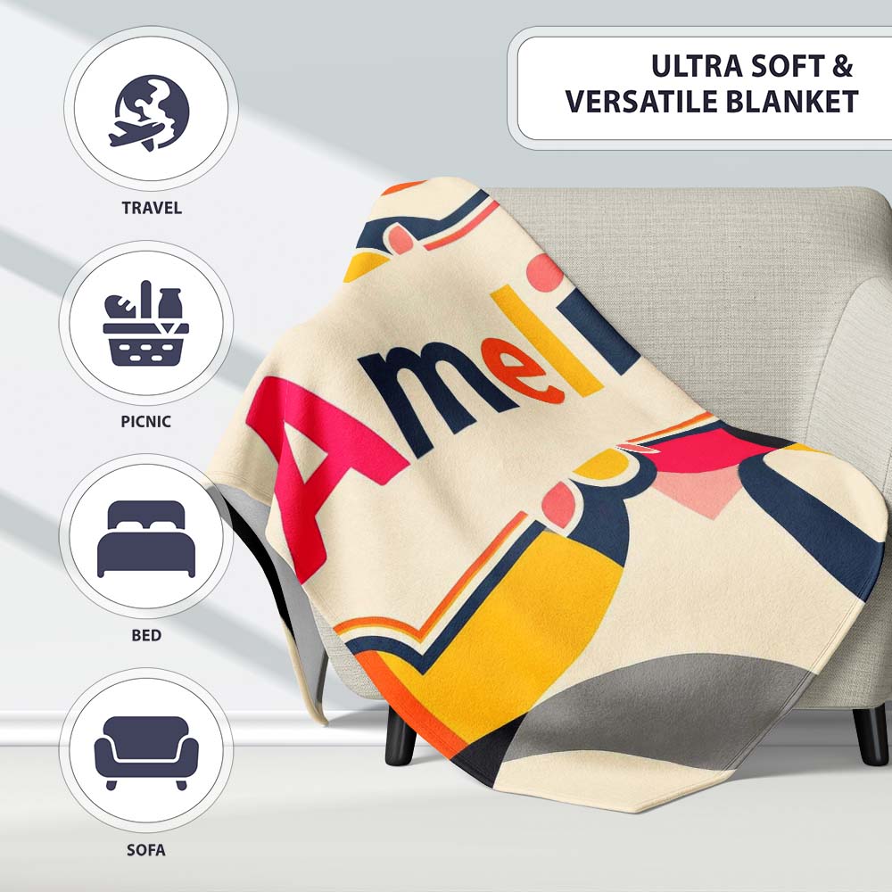 Bold Mid Century Abstract Curved Shapes Color Block Seamless Personalised Custom Name Super Soft Fleece Blanket Bed Sofa Throw