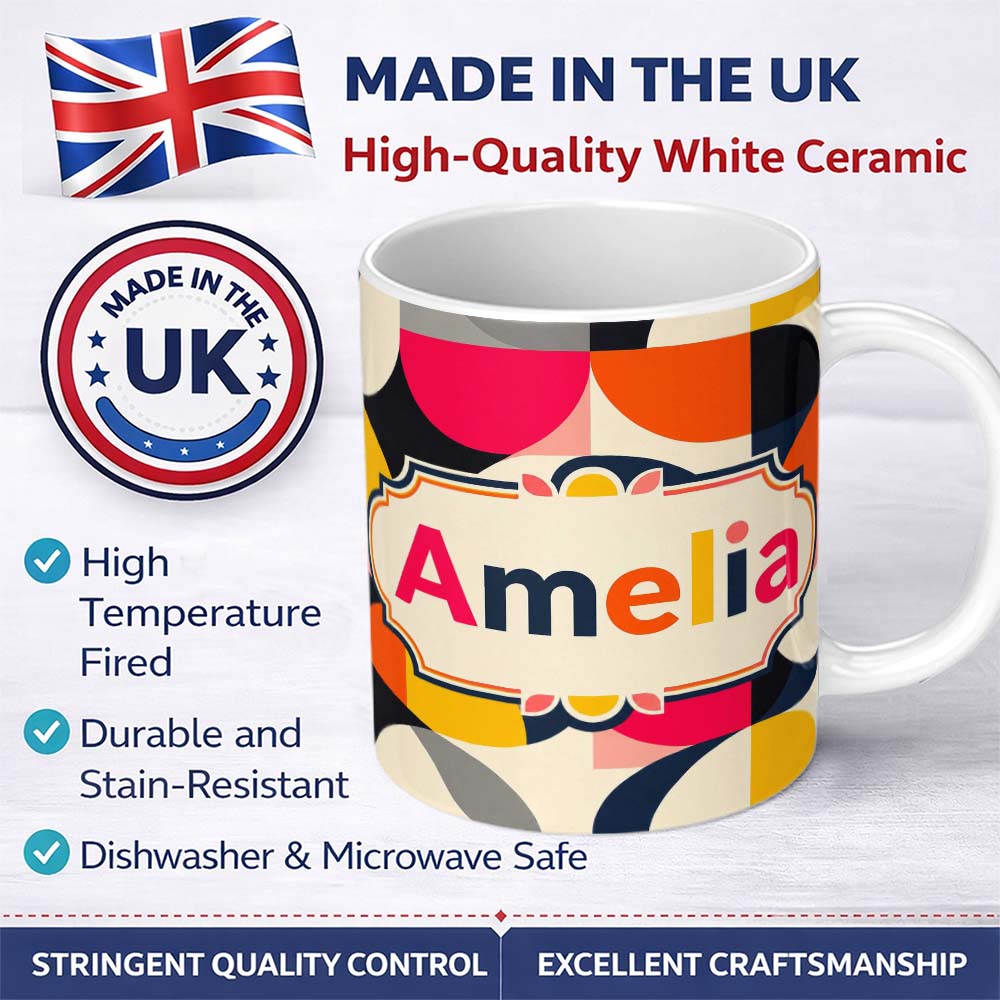 Personalized Custom Name Bold Mid Century Abstract Curved Shapes Color Block Seamless 11oz Ceramic Coffee Tea Mug White Large Handle