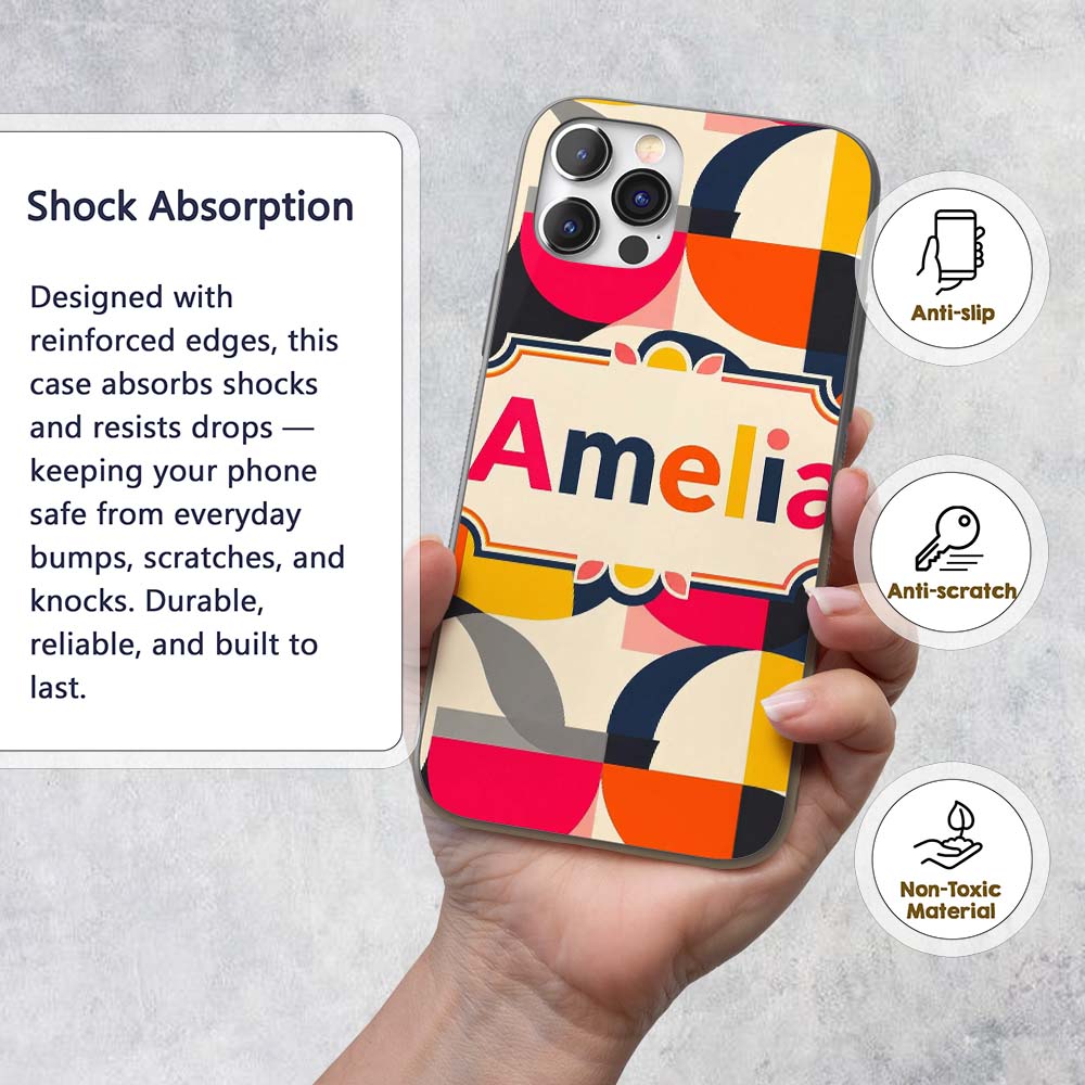 Bold Mid Century Abstract Curved Shapes Color Custom Name Protective Phone Case Mobile Cover Durable Everyday Smartphone Shock Resistant