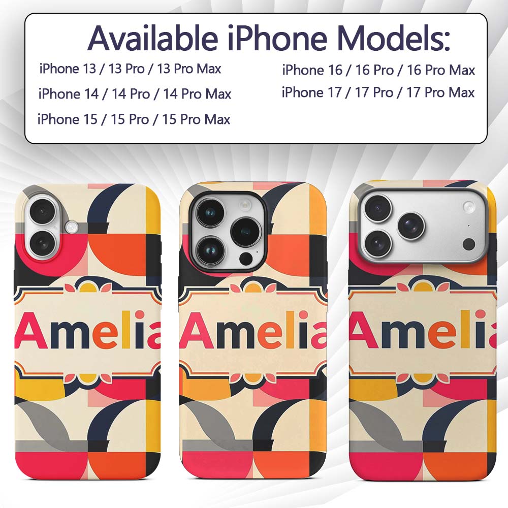 Bold Mid Century Abstract Curved Shapes Color Custom Name Protective Phone Case Mobile Cover Durable Everyday Smartphone Shock Resistant