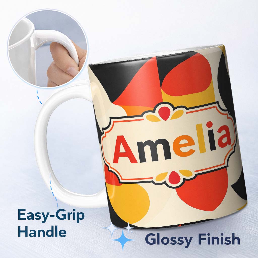 Personalized Custom Name Modern Abstract Rounded Shapes Minimal Seamless Pattern Name Cute 11oz Ceramic Coffee Tea Mug White Large Handle