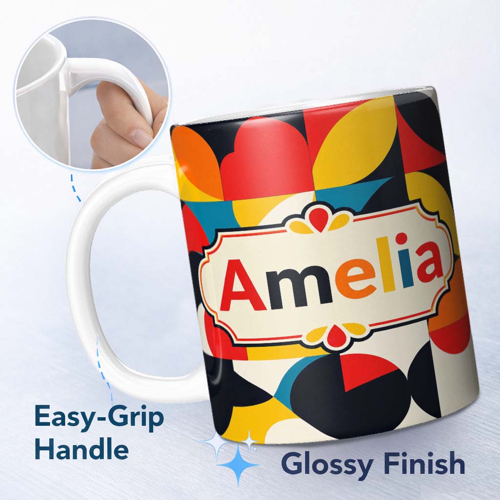 Personalized Custom Name Colorful Abstract Petal Shapes Geometric Floral Seamless Pattern 11oz Ceramic Coffee Tea Mug White Large Handle