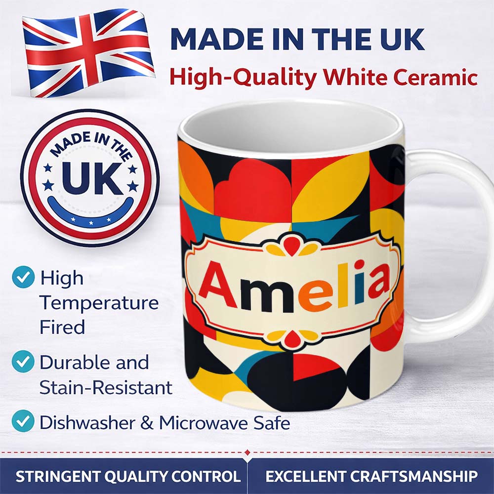 Personalized Custom Name Colorful Abstract Petal Shapes Geometric Floral Seamless Pattern 11oz Ceramic Coffee Tea Mug White Large Handle