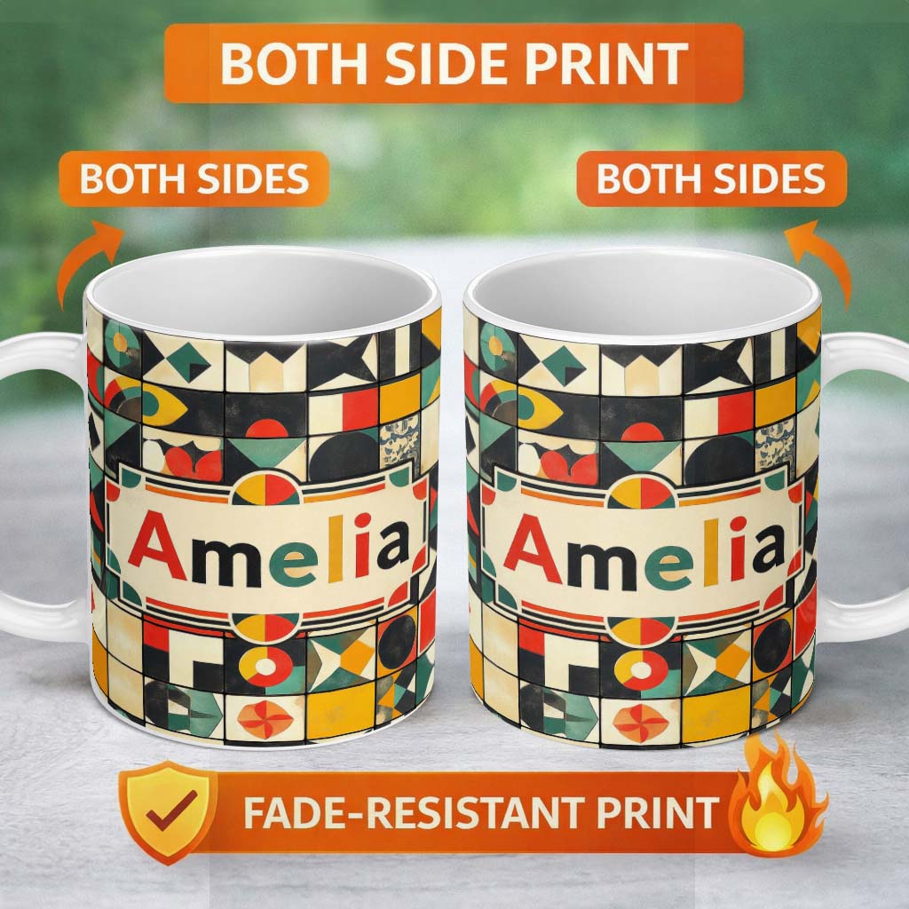 Personalized Custom Name Vintage Geometric Tile Mosaic Abstract Pattern Seamless Name Cute 11oz Ceramic Coffee Tea Mug White Large Handle