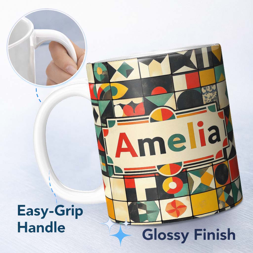 Personalized Custom Name Vintage Geometric Tile Mosaic Abstract Pattern Seamless Name Cute 11oz Ceramic Coffee Tea Mug White Large Handle