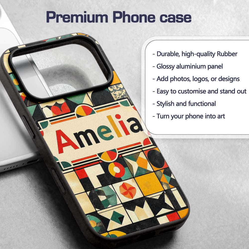 Vintage Geometric Tile Mosaic Abstract Pattern Custom Name Protective Phone Case Mobile Cover Durable Everyday Smartphone Shock Resistant