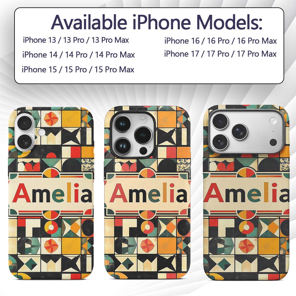 Vintage Geometric Tile Mosaic Abstract Pattern Custom Name Protective Phone Case Mobile Cover Durable Everyday Smartphone Shock Resistant