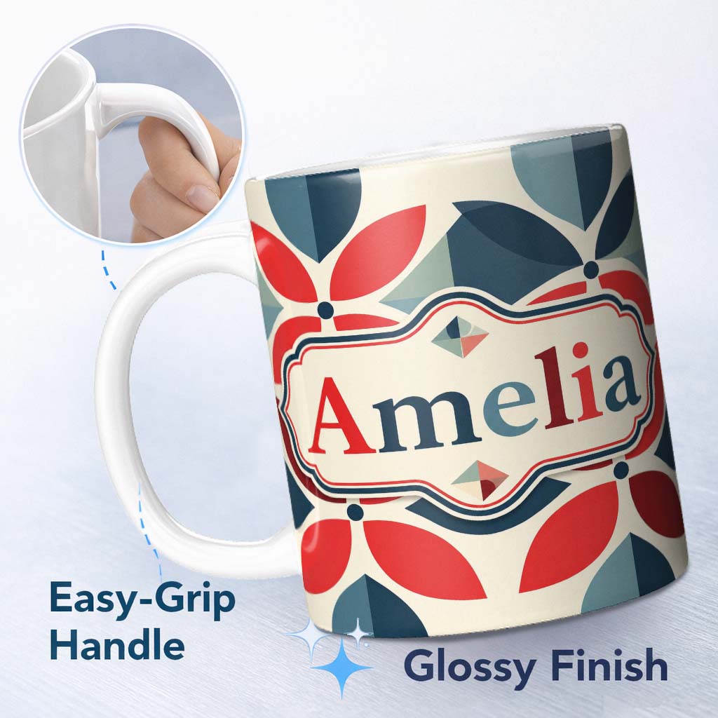 Personalized Custom Name Floral Petal Shapes Bold Color Seamless Pattern Name Cute Unique 11oz Ceramic Coffee Tea Mug White Large Handle