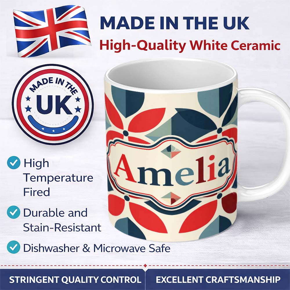 Personalized Custom Name Floral Petal Shapes Bold Color Seamless Pattern Name Cute Unique 11oz Ceramic Coffee Tea Mug White Large Handle