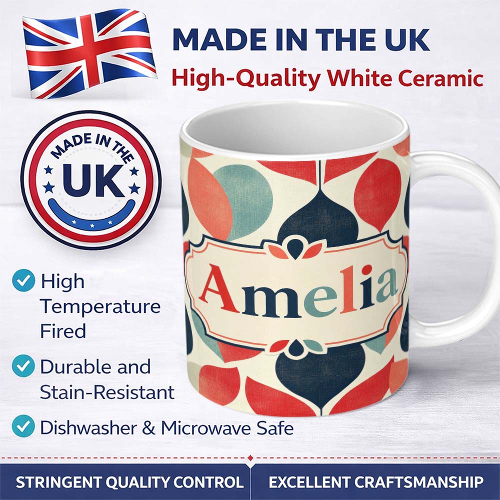 Personalized Custom Name Textured Leaf Organic Shapes Scandinavian Style Seamless Pattern 11oz Ceramic Coffee Tea Mug White Large Handle