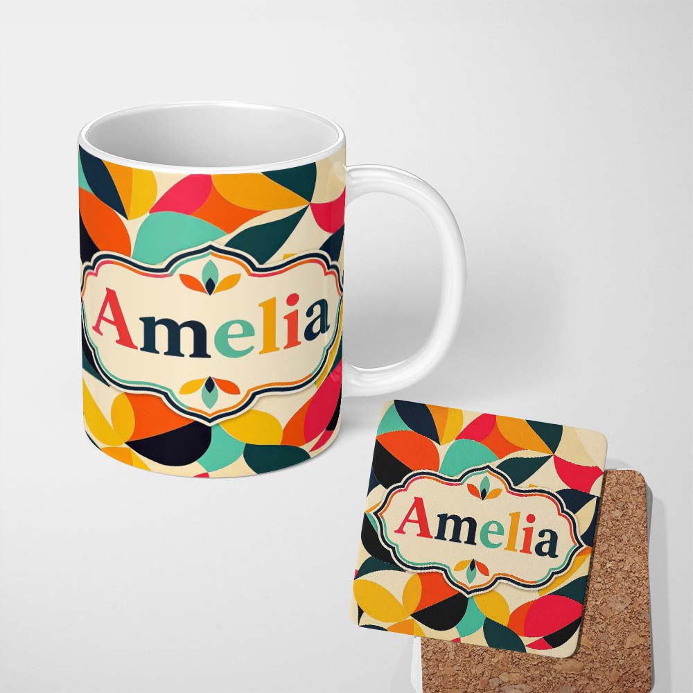 Personalized Custom Name Abstract Organic Leaf Shapes Mid Century Modern Seamless Pattern 11oz Ceramic Coffee Tea Mug White Large Handle