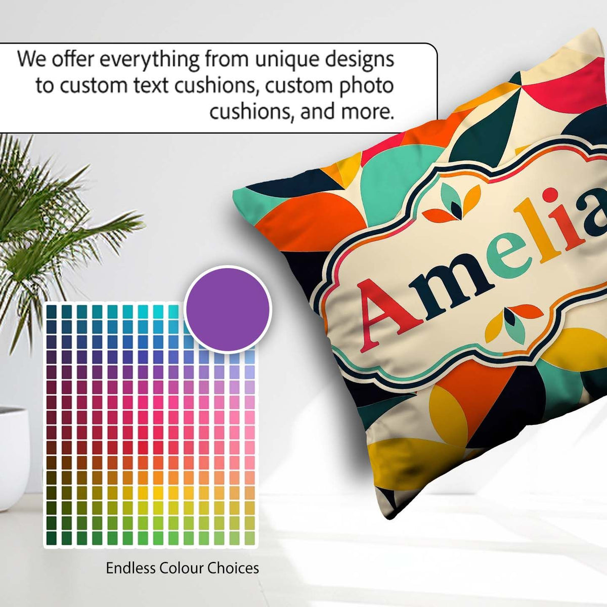 Custom Name Abstract Organic Leaf Shapes Century Modern Seamless Square Filled Cushion Throw Pillow Sofa Bed Home Decor Zip Washable UK Made