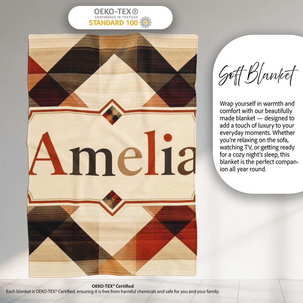 Warm Earth Tone Geometric Diamond Pattern Seamless Name Cute Unique Personalised Custom Name Super Soft Fleece Blanket Bed Sofa Throw