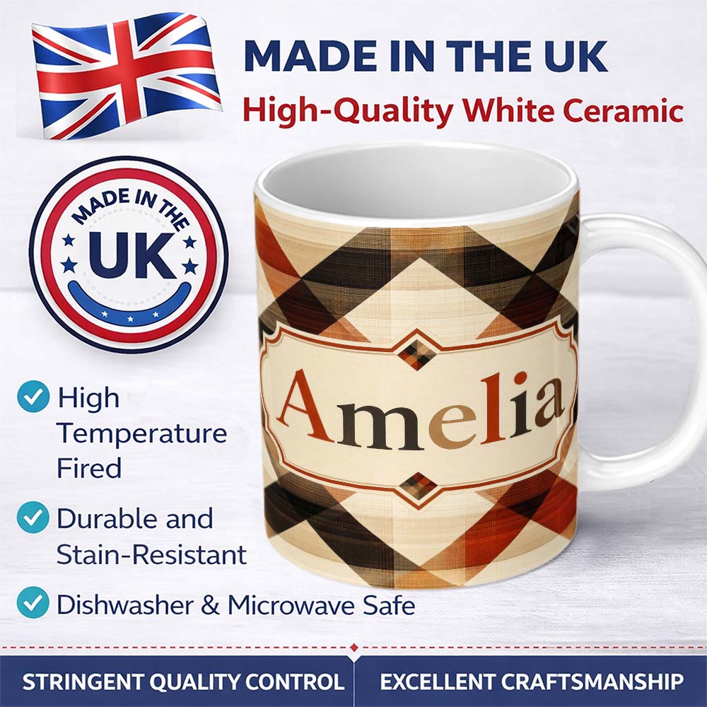 Personalized Custom Name Warm Earth Tone Geometric Diamond Pattern Seamless Name Cute Unique 11oz Ceramic Coffee Tea Mug White Large Handle