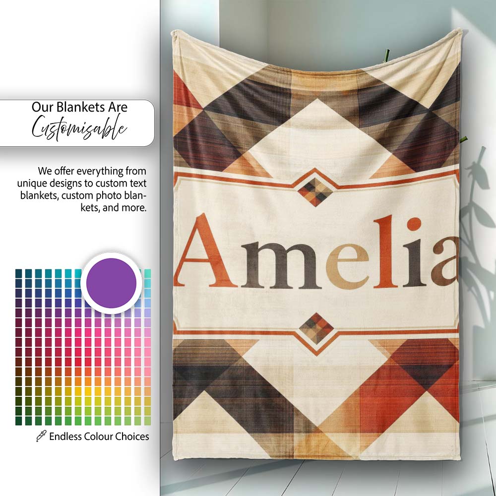 Warm Earth Tone Geometric Diamond Pattern Seamless Name Cute Unique Personalised Custom Name Super Soft Fleece Blanket Bed Sofa Throw
