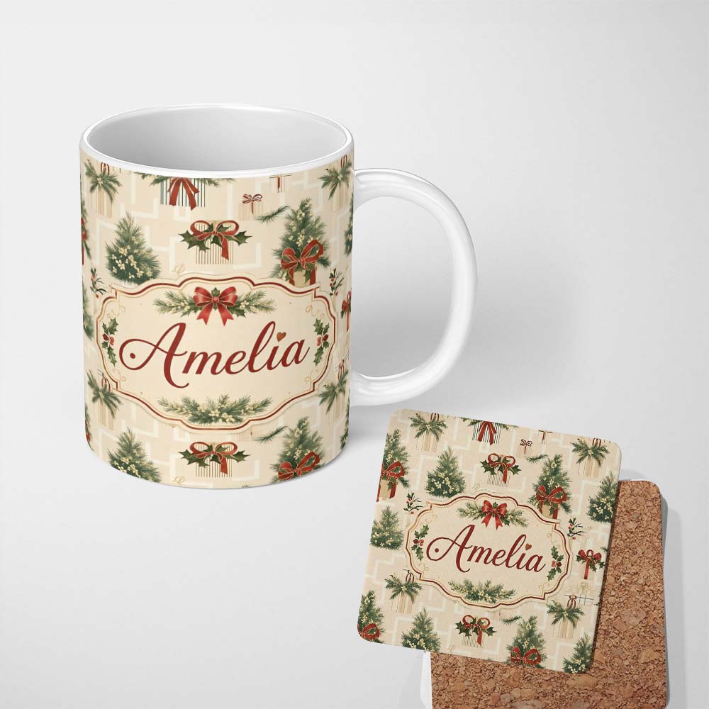 Personalized Custom Name Elegant Christmas Gift Boxes Pine Branch Red Bow Seamless Pattern 11oz Ceramic Coffee Tea Mug White Large Handle