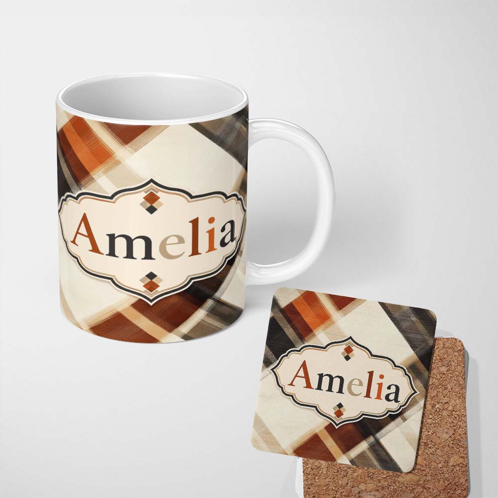 Personalized Custom Name Abstract Neutral Brush Stroke Plaid Texture Seamless Pattern Name 11oz Ceramic Coffee Tea Mug White Large Handle
