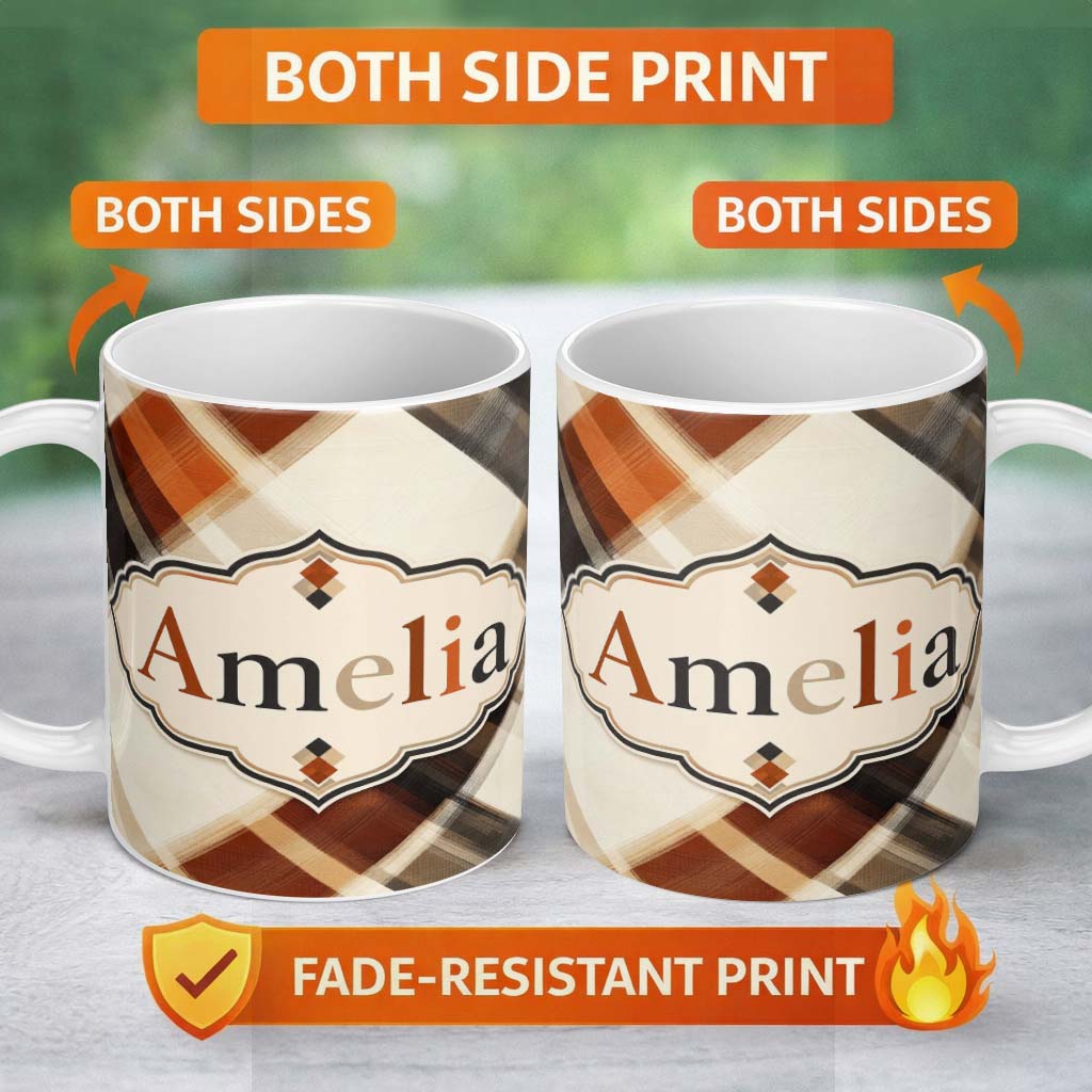 Personalized Custom Name Abstract Neutral Brush Stroke Plaid Texture Seamless Pattern Name 11oz Ceramic Coffee Tea Mug White Large Handle