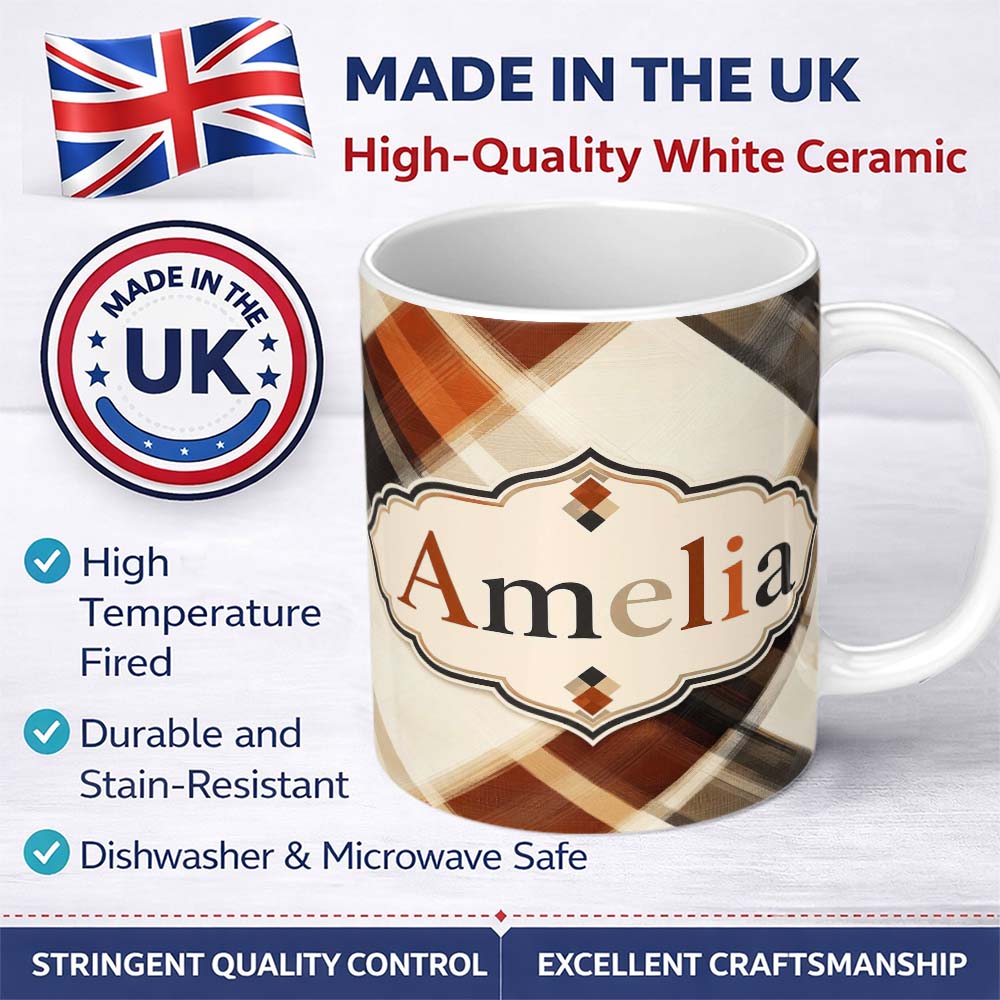 Personalized Custom Name Abstract Neutral Brush Stroke Plaid Texture Seamless Pattern Name 11oz Ceramic Coffee Tea Mug White Large Handle