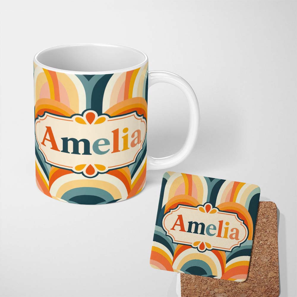 Personalized Custom Name Rainbow Arch Mid Century Modern Seamless Pattern Name Cute Unique 11oz Ceramic Coffee Tea Mug White Large Handle