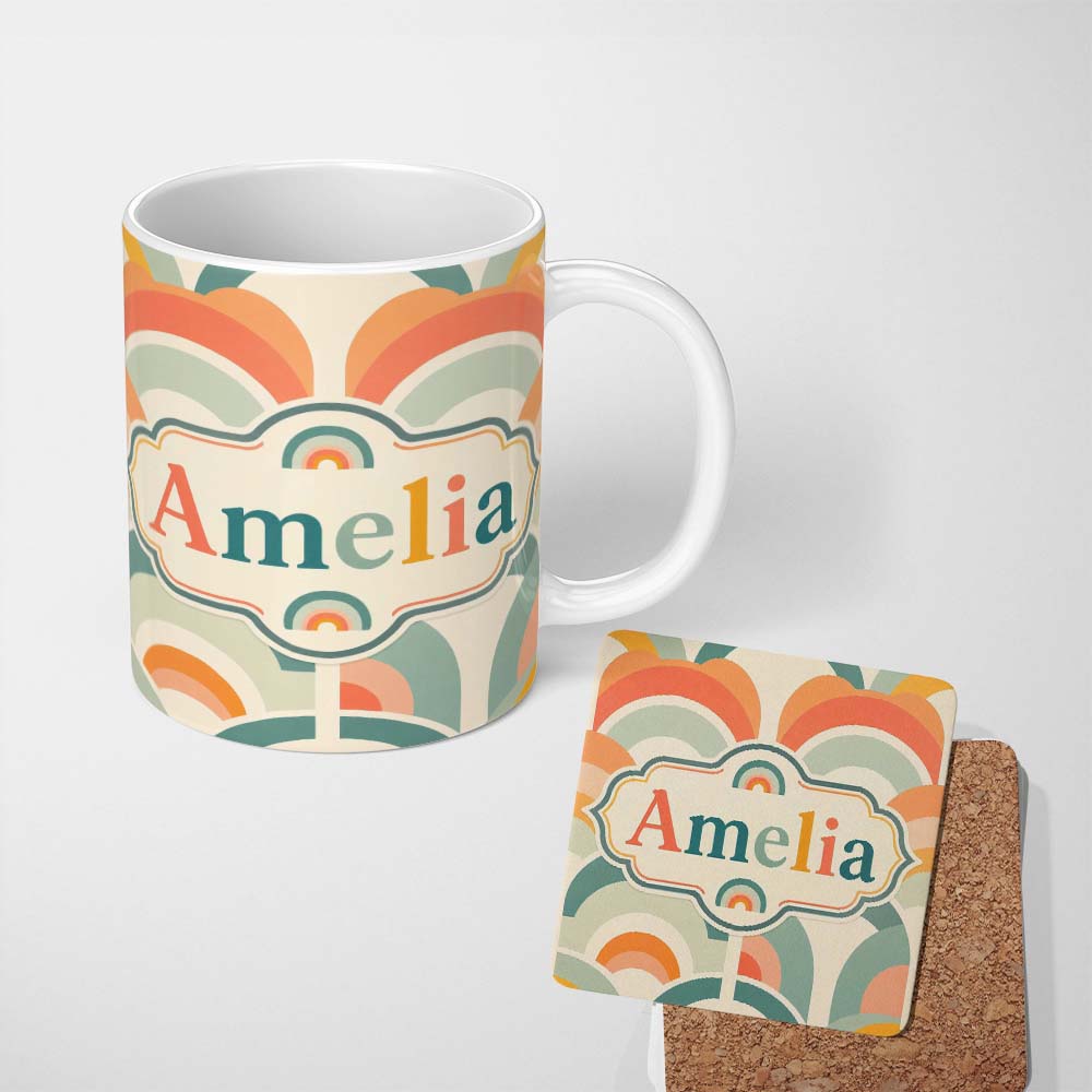 Personalized Custom Name Soft Pastel Rainbow Scallop Arches Seamless Pattern Name Cute 11oz Ceramic Coffee Tea Mug White Large Handle