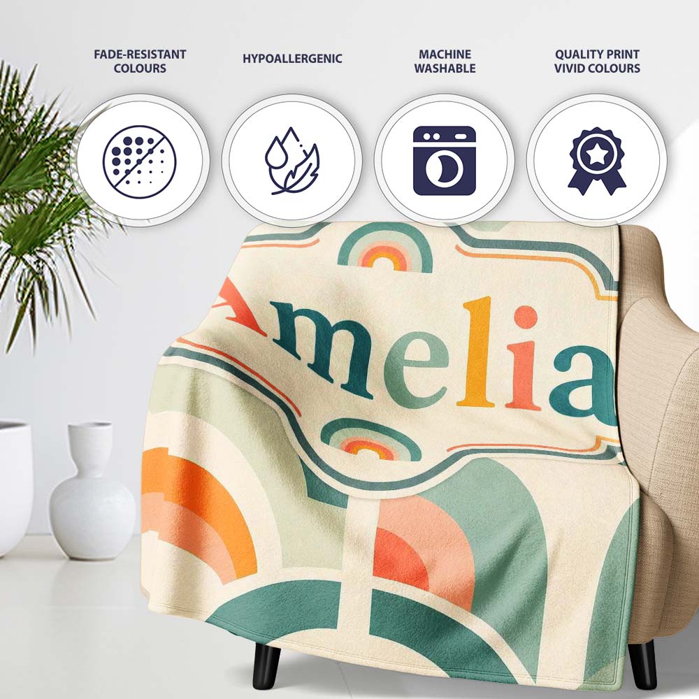 Soft Pastel Rainbow Scallop Arches Seamless Pattern Name Cute Personalised Custom Name Super Soft Fleece Blanket Bed Sofa Throw