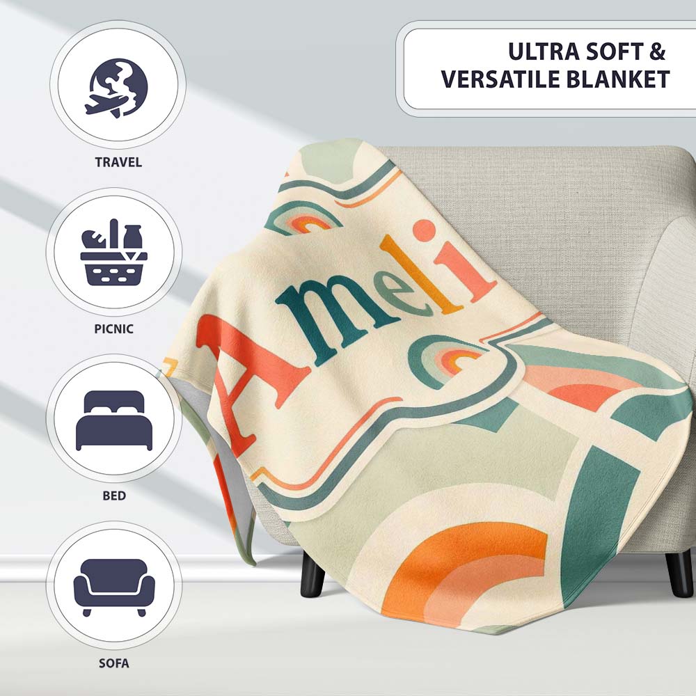 Soft Pastel Rainbow Scallop Arches Seamless Pattern Name Cute Personalised Custom Name Super Soft Fleece Blanket Bed Sofa Throw