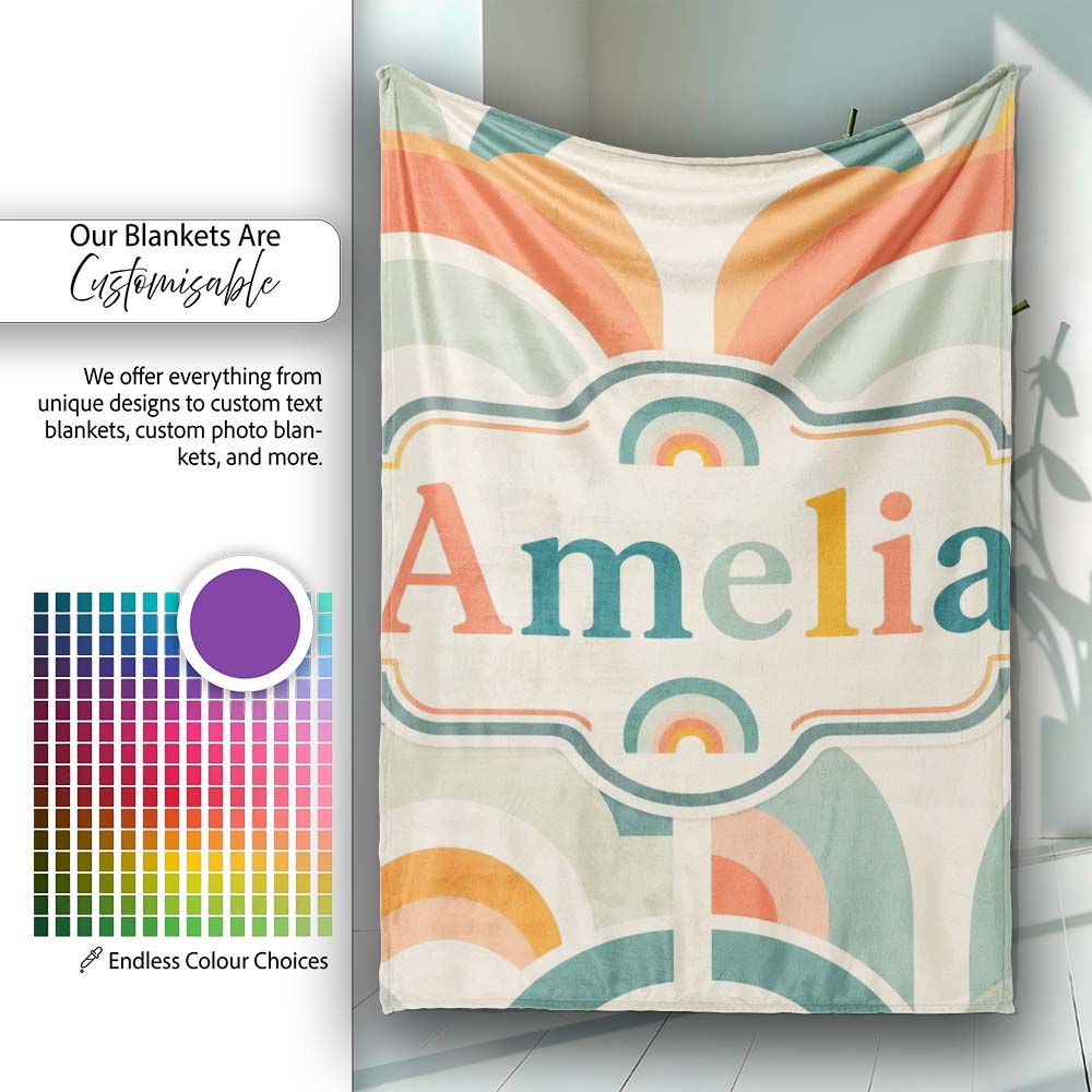 Soft Pastel Rainbow Scallop Arches Seamless Pattern Name Cute Personalised Custom Name Super Soft Fleece Blanket Bed Sofa Throw