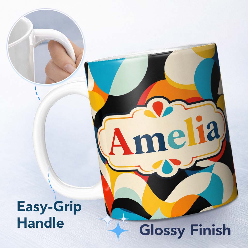 Personalized Custom Name Bold Abstract Organic Shapes Colorful Modern Seamless Pattern Name 11oz Ceramic Coffee Tea Mug White Large Handle