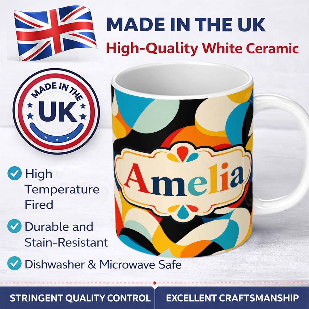 Personalized Custom Name Bold Abstract Organic Shapes Colorful Modern Seamless Pattern Name 11oz Ceramic Coffee Tea Mug White Large Handle