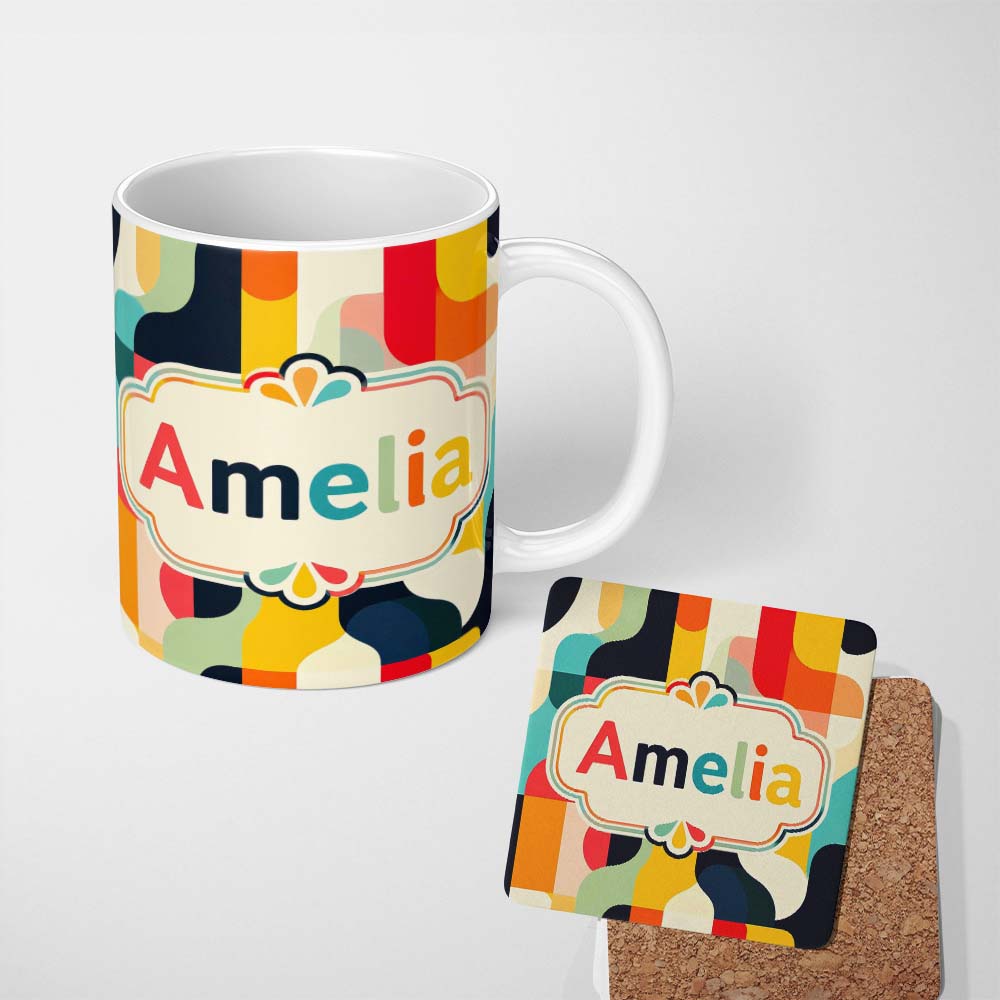 Personalized Custom Name Geometric Color Block Rounded Shapes Modern Seamless Pattern Name 11oz Ceramic Coffee Tea Mug White Large Handle