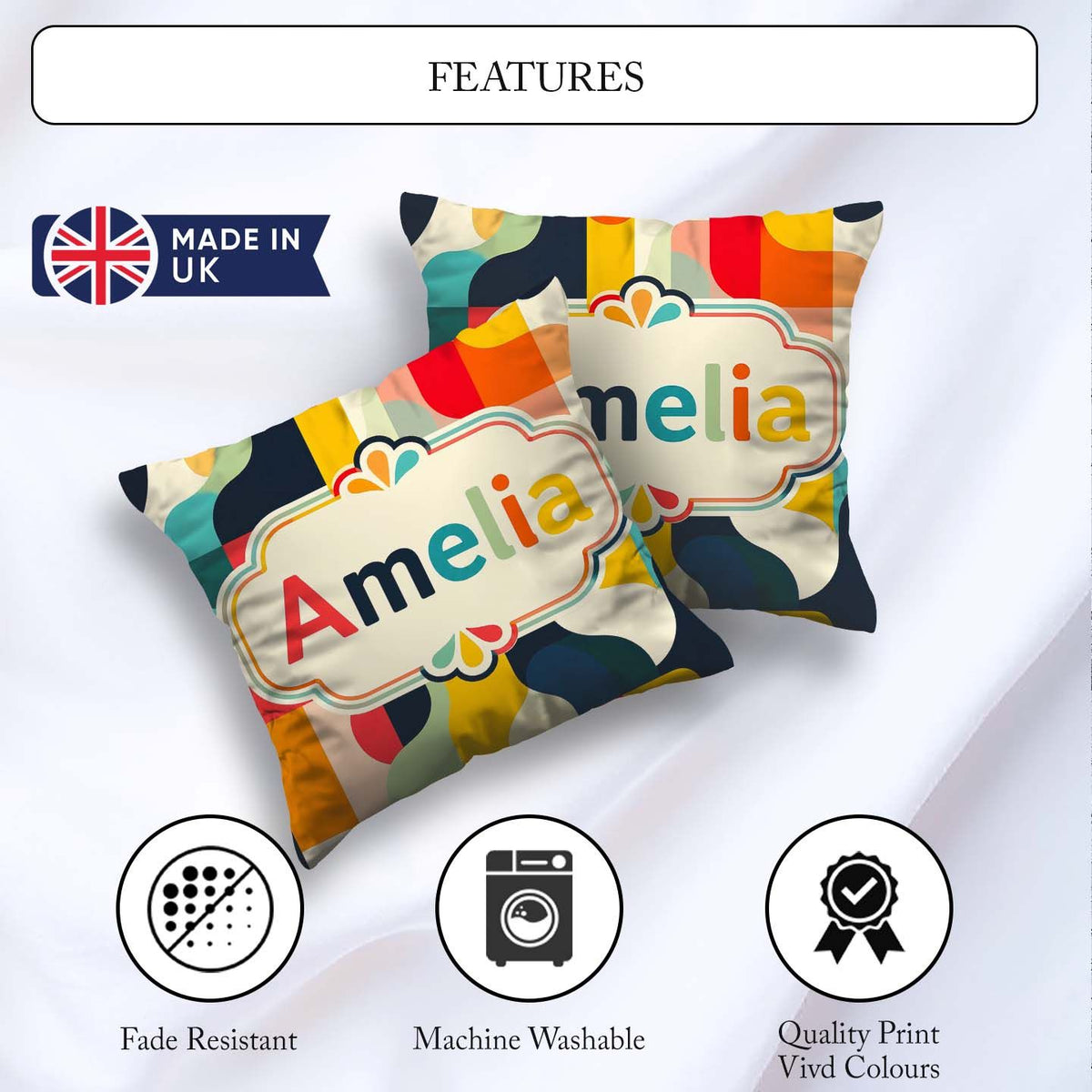 Custom Name Geometric Color Block Rounded Shapes Modern Seamless Square Filled Cushion Throw Pillow Sofa Bed Home Decor Zip Washable UK Made