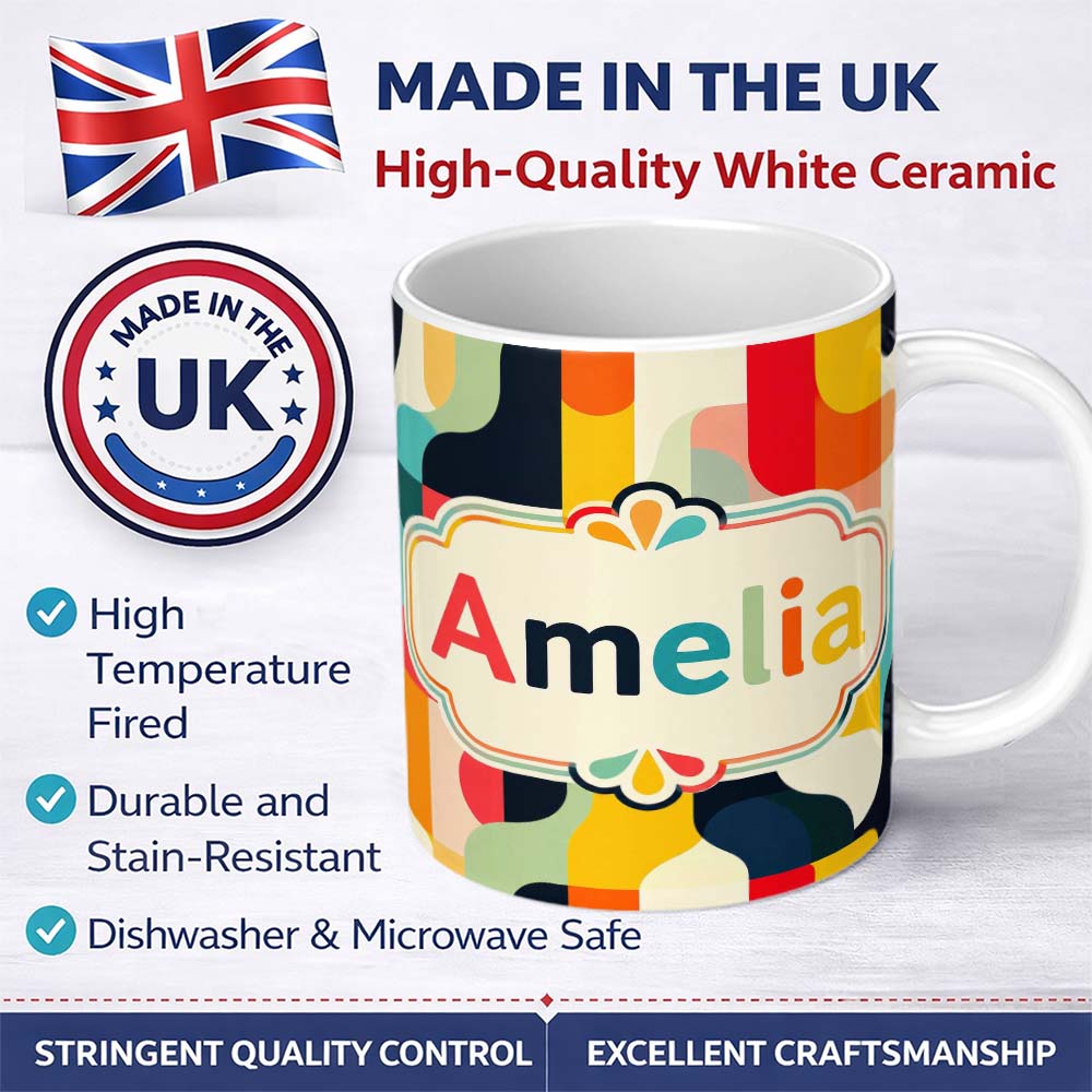 Personalized Custom Name Geometric Color Block Rounded Shapes Modern Seamless Pattern Name 11oz Ceramic Coffee Tea Mug White Large Handle