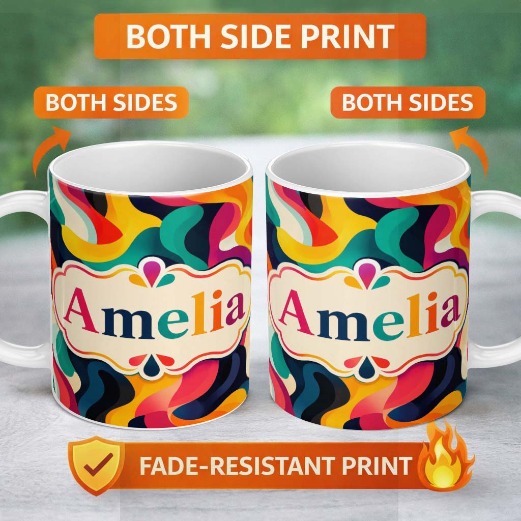 Personalized Custom Name Vibrant Fluid Abstract Waves Color Splash Seamless Pattern Name Cute 11oz Ceramic Coffee Tea Mug White Large Handle