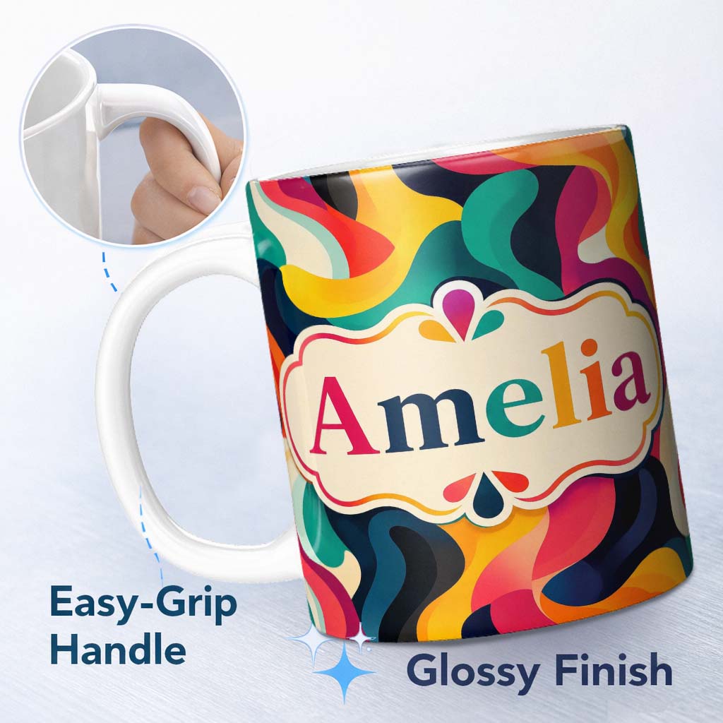Personalized Custom Name Vibrant Fluid Abstract Waves Color Splash Seamless Pattern Name Cute 11oz Ceramic Coffee Tea Mug White Large Handle