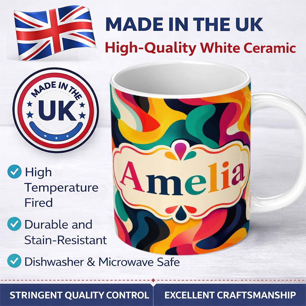Personalized Custom Name Vibrant Fluid Abstract Waves Color Splash Seamless Pattern Name Cute 11oz Ceramic Coffee Tea Mug White Large Handle