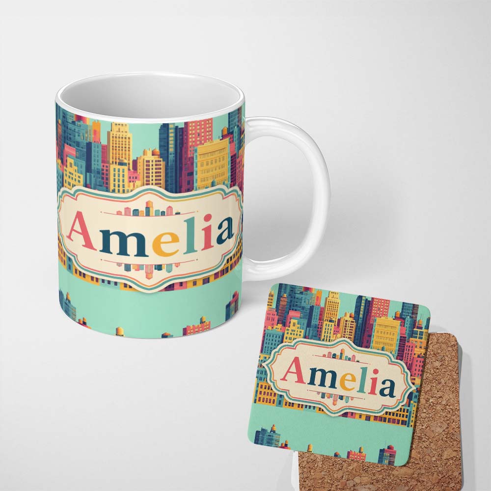 Personalized Custom Name Colorful Stylized Cityscape Buildings Illustration Seamless Pattern 11oz Ceramic Coffee Tea Mug White Large Handle