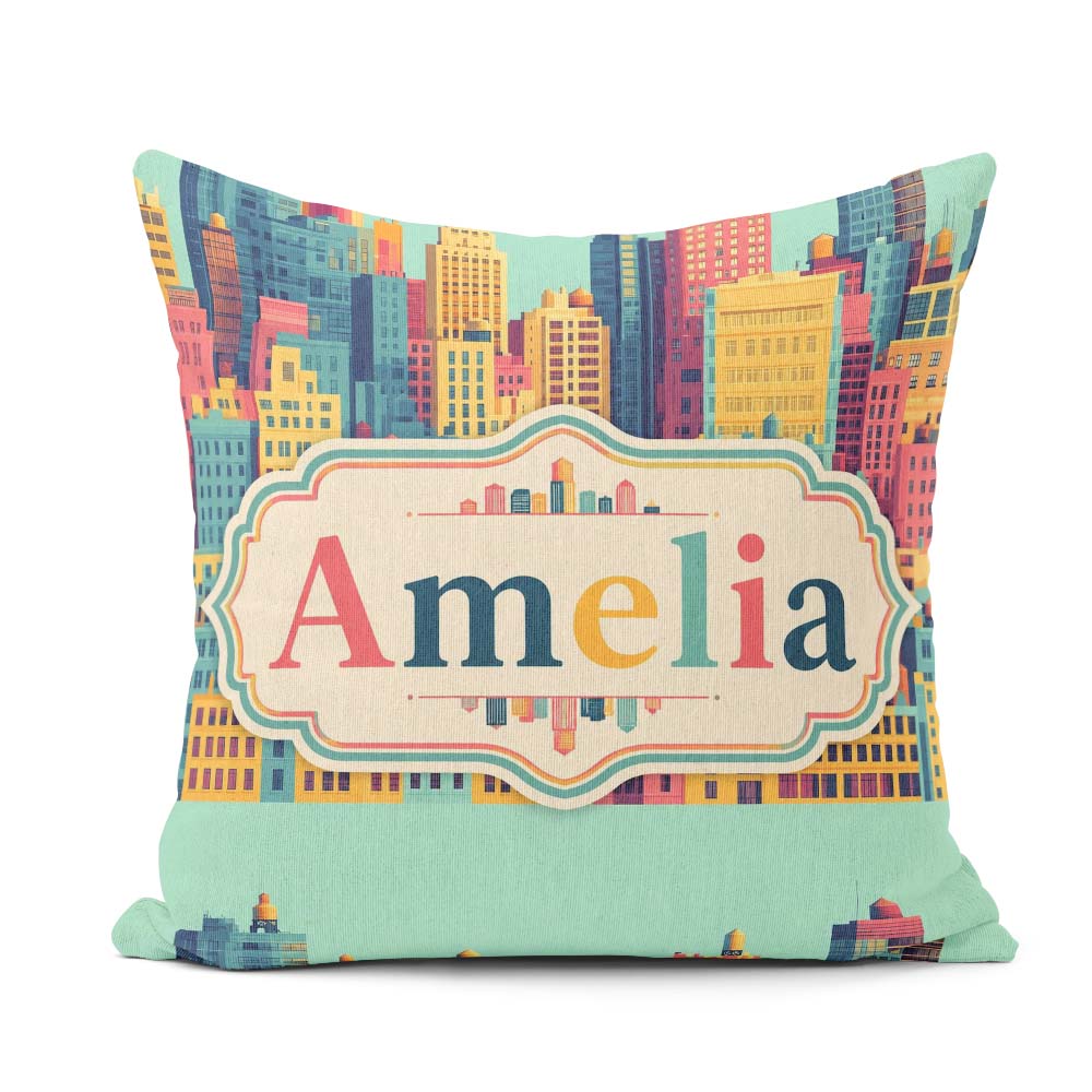 Custom Name Colorful Stylized Cityscape Buildings Illustration Square Filled Cushion Throw Pillow Sofa Bed Home Decor Zip Washable UK Made