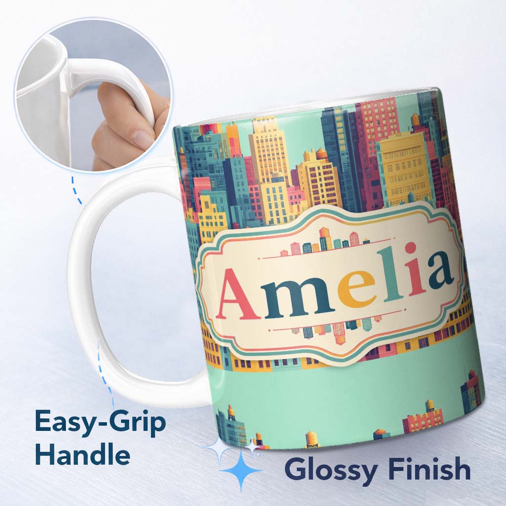 Personalized Custom Name Colorful Stylized Cityscape Buildings Illustration Seamless Pattern 11oz Ceramic Coffee Tea Mug White Large Handle