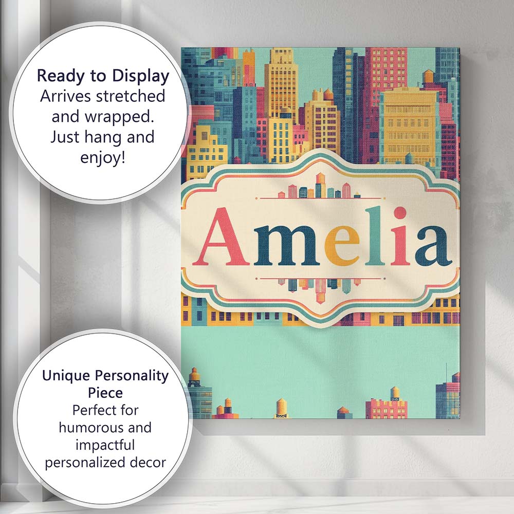Personalised Name Colorful Stylized Cityscape Custom Unique Gift Idea Modern Room Accent Canvas Wall Art Print Decor Picture Ready to Hang