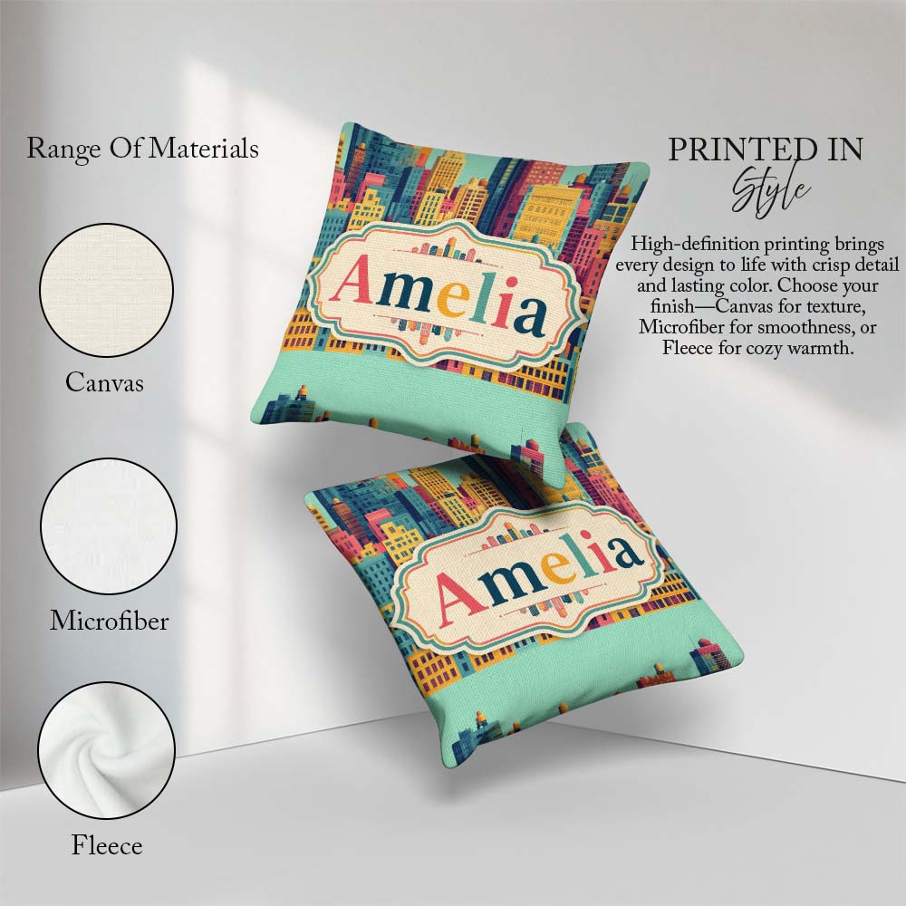 Custom Name Colorful Stylized Cityscape Buildings Illustration Square Filled Cushion Throw Pillow Sofa Bed Home Decor Zip Washable UK Made