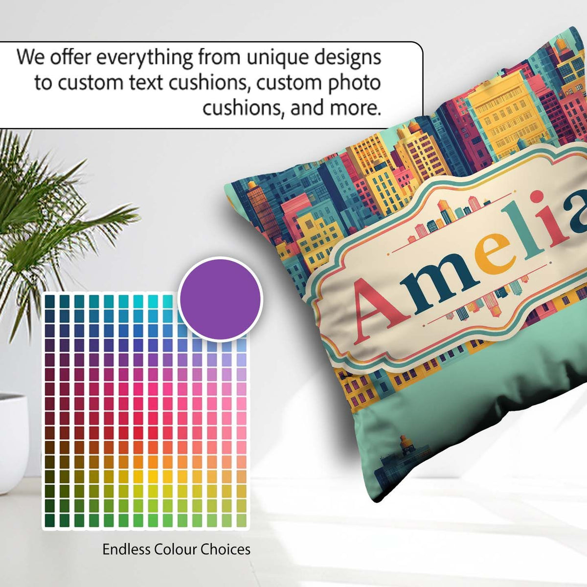 Custom Name Colorful Stylized Cityscape Buildings Illustration Square Filled Cushion Throw Pillow Sofa Bed Home Decor Zip Washable UK Made