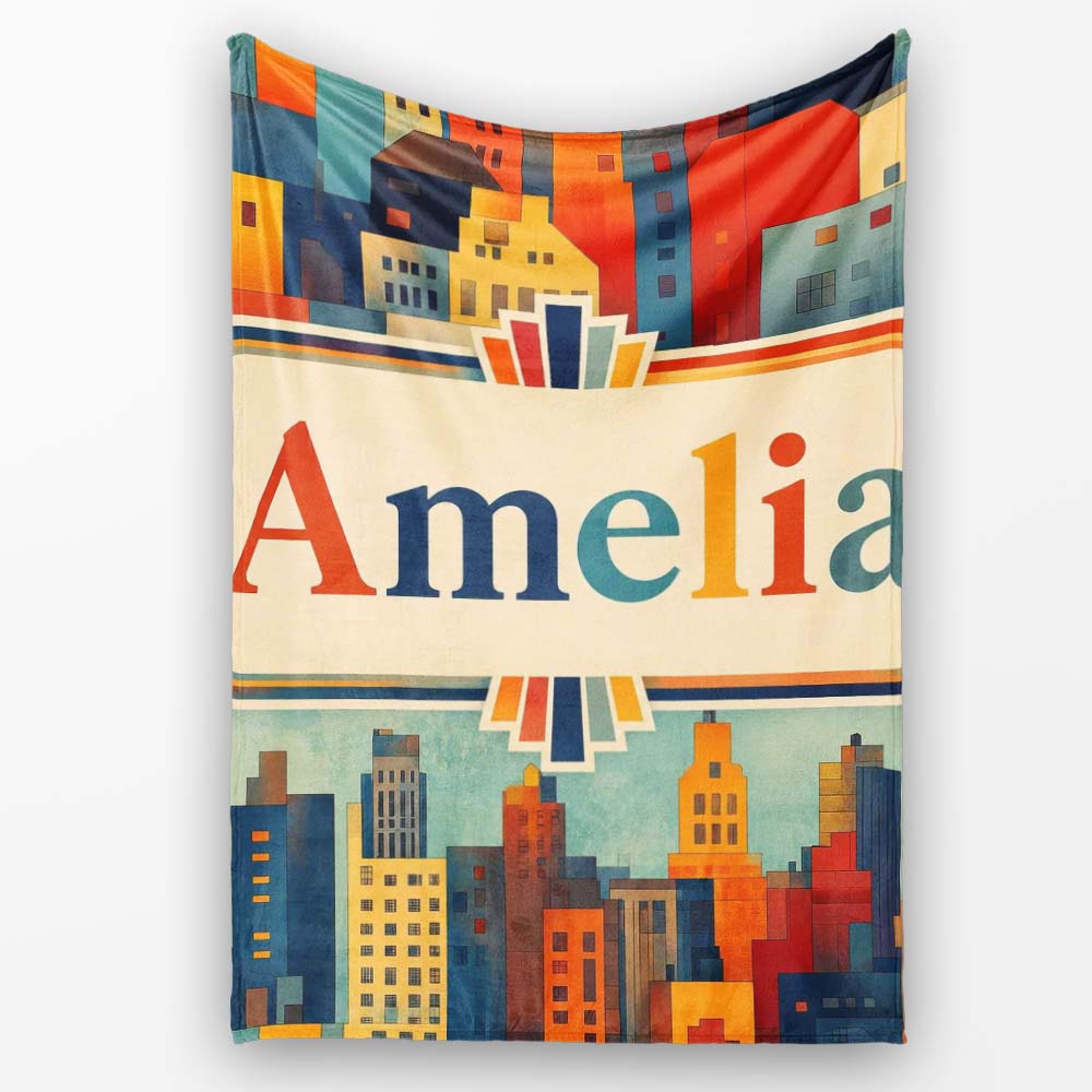 Colorful Stylized Urban City Buildings Illustration Seamless Personalised Custom Name Super Soft Fleece Blanket Bed Sofa Throw