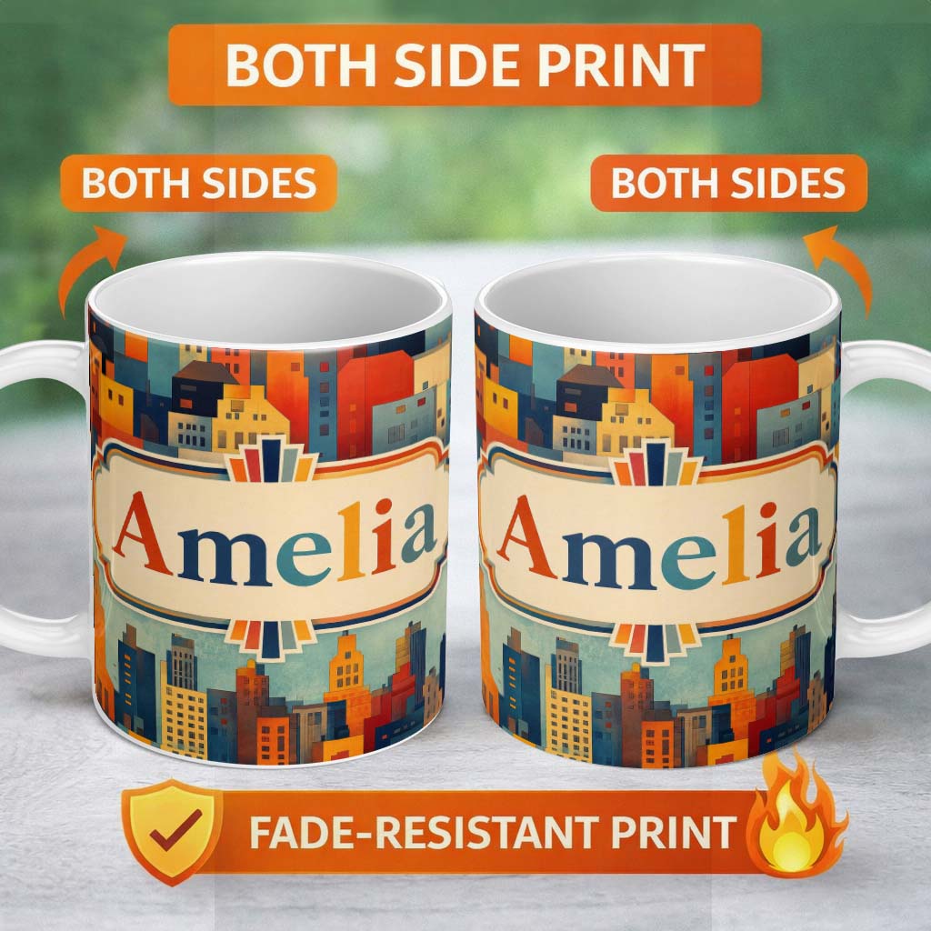 Personalized Custom Name Colorful Stylized Urban City Buildings Illustration Seamless 11oz Ceramic Coffee Tea Mug White Large Handle