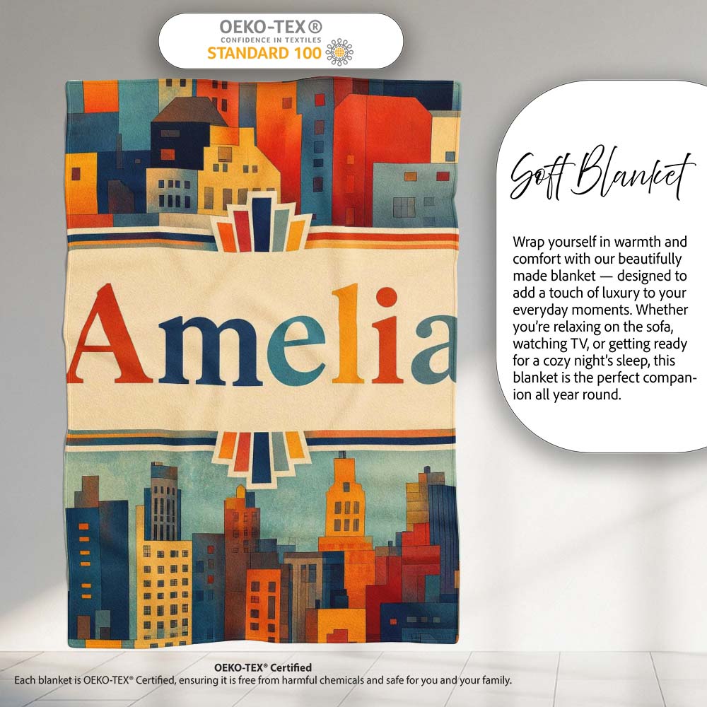 Colorful Stylized Urban City Buildings Illustration Seamless Personalised Custom Name Super Soft Fleece Blanket Bed Sofa Throw